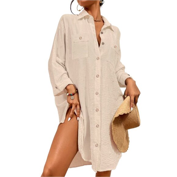 Other - Beach Cover Up Blouse Button-down Shirt Apricot Beige Flowy Resort